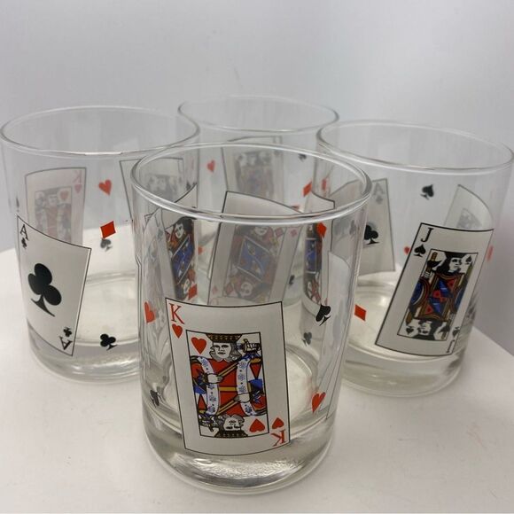 Vintage Playing Cards Design Lowball Glasses – Set of 4 Tumblers - Picture 8 of 12